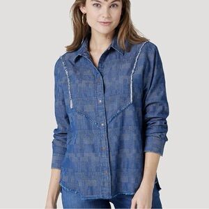 Wrangler‎ Retro Womens XL Indigo Blue Subtle Fray Snap Button Western Shirt